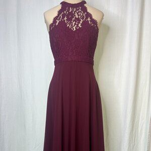 Lulus "Dance All Evening" Burgundy Lace Maxi Dress Halter Neckline Lined Size S